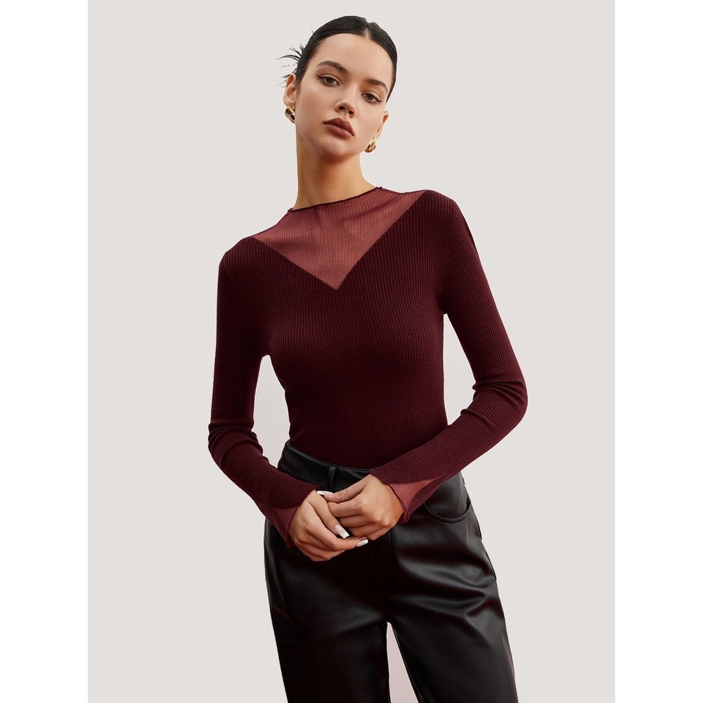 COMMENSE Burgundy Sheer Ribbed Wool Blend Sweater Size L